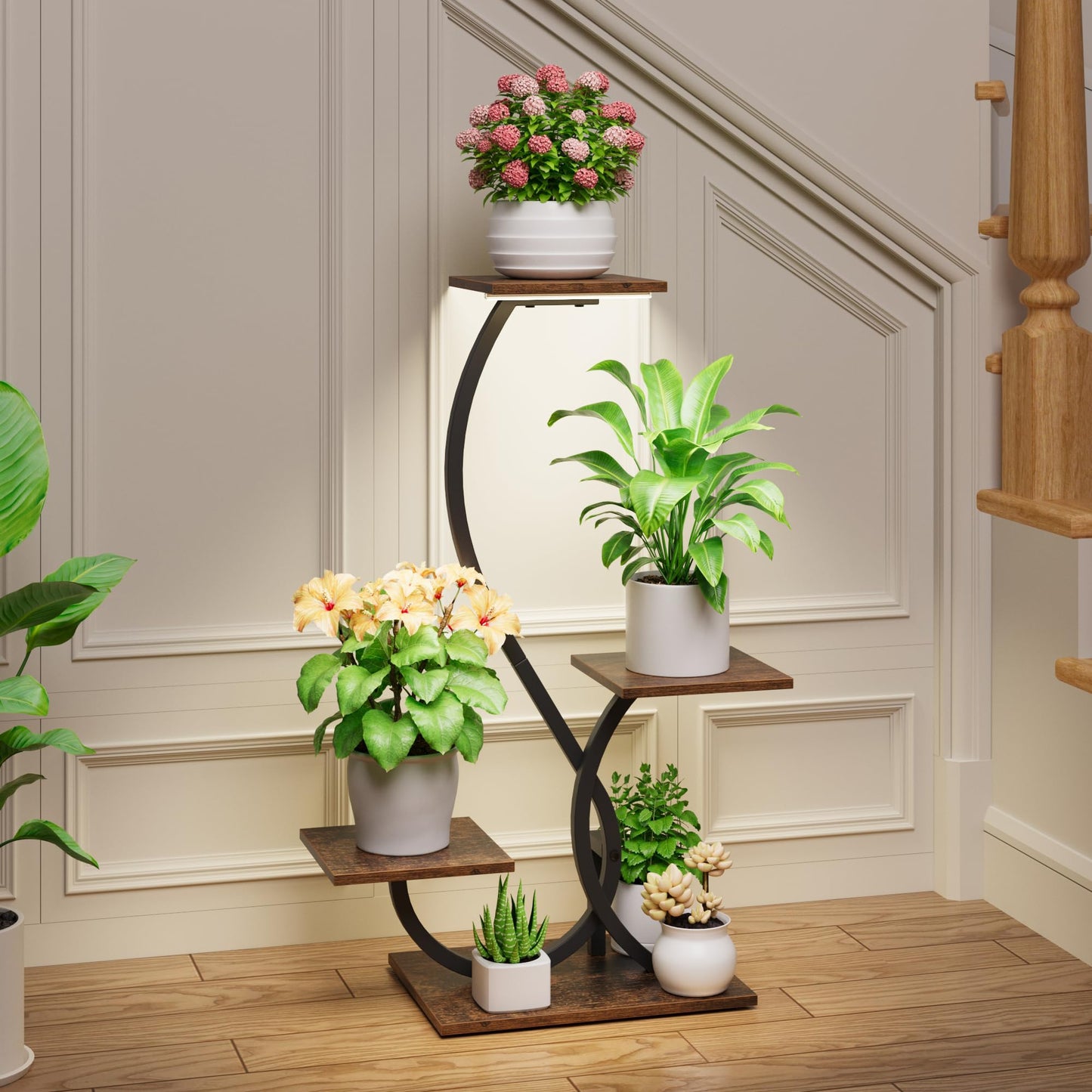 BACEKOLL Plant Stand Indoor with Grow Lights - S-Shaped Plant Shelf, Lighted Corner Plant Stands for Indoor Growing, 32" Metal Flower Holder, 4 Tiered Decorative Shelves for Home, Hallway, Black