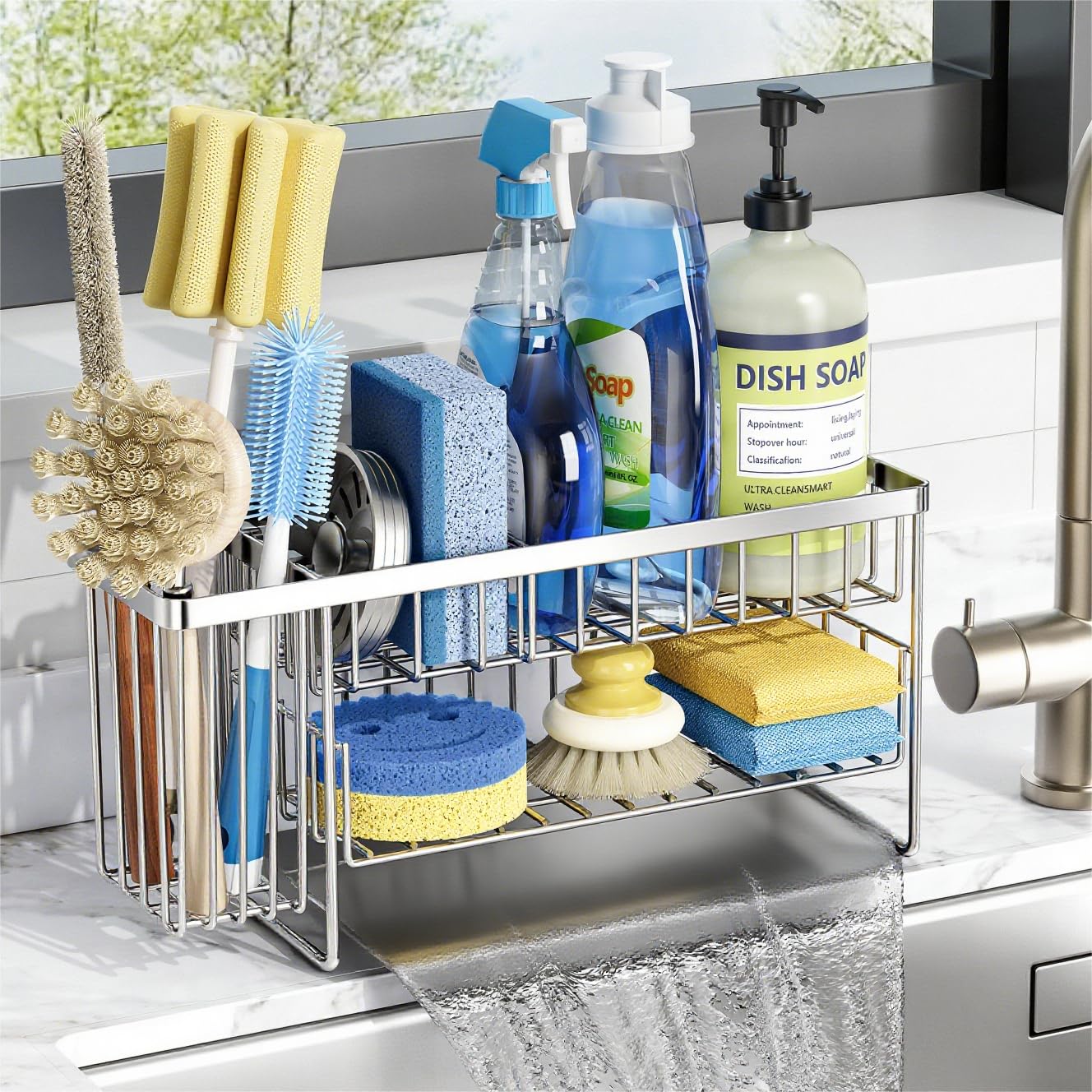 Cisily 2-Tier Kitchen Sink Caddy Organzier Rack with Flexible Dish Brush Holder, Sponge Holder for Kitchen Sink Countertop Organization Storage,Home Decor Accessories Essentials Stainless Steel