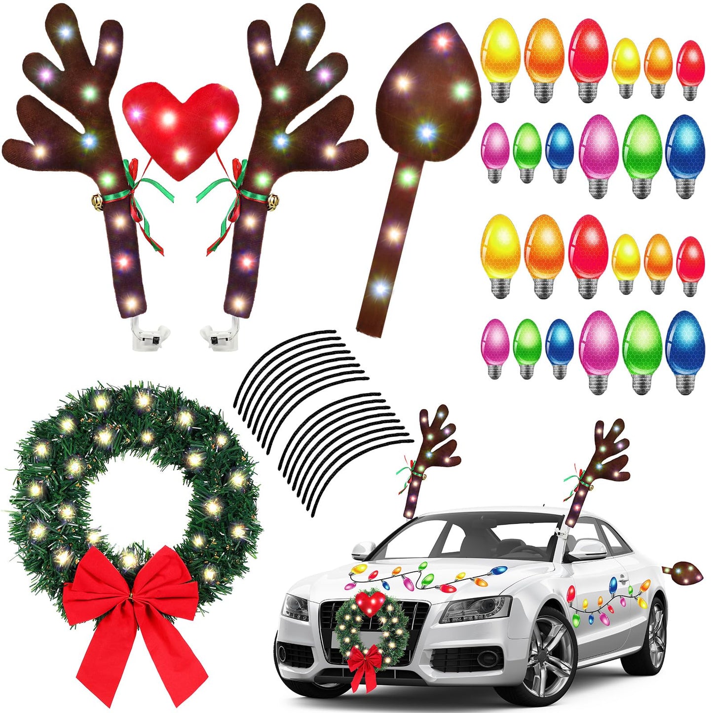 Cunno 6 Pack Christmas Reindeer Antlers Car Kit with LED Lights Christmas Car Decorations Light up Xmas Wreath Reflective Refrigerator Magnets Decals Auto Exterior Accessories
