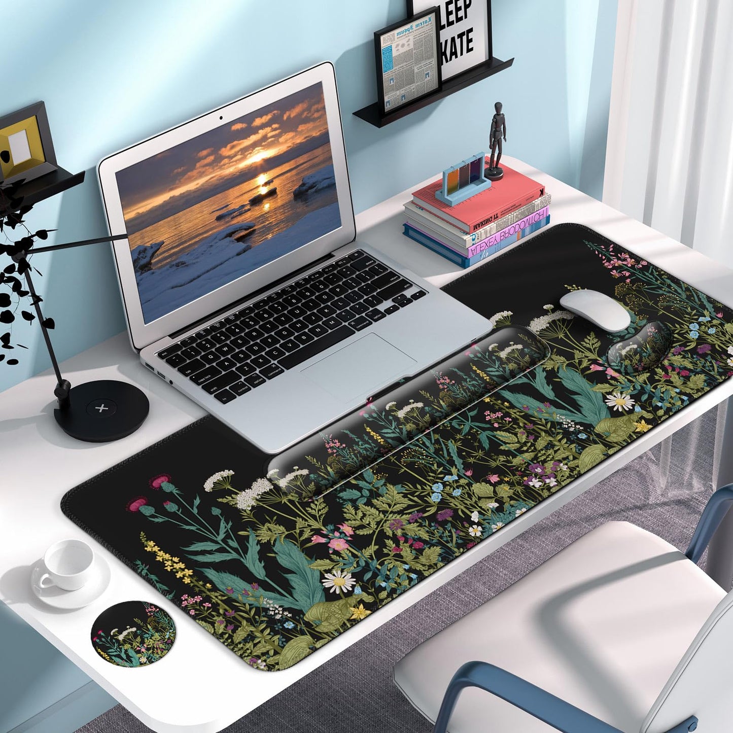 Keyboard Wrist Rest + Mouse Pad with Wrist Support + Desk Mat + Coaster 4 in 1 Set, XXL Large Gaming Mousepad Cute Ergonomic Mouse Pads for Desk Computer Laptop Office Decor-Little Flowers