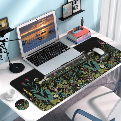 Keyboard Wrist Rest + Mouse Pad with Wrist Support + Desk Mat + Coaster 4 in 1 Set, XXL Large Gaming Mousepad Cute Ergonomic Mouse Pads for Desk Computer Laptop Office Decor-Little Flowers