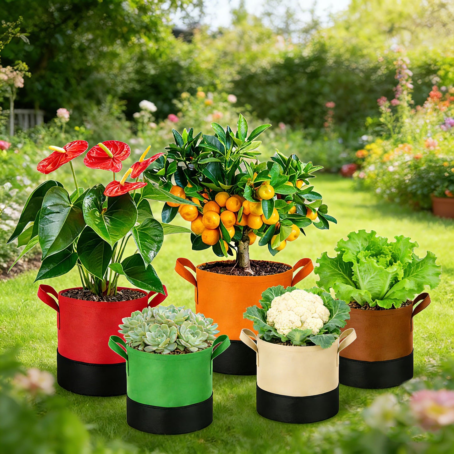 Fhyisble 10 Gallon Fabric Grow Bags 5-Pack, 350G Heavy Duty Nonwoven Fabric Pots with Handles, Breathable Grow Planter for Vegetables Flowers Indoor Outdoor Gardening