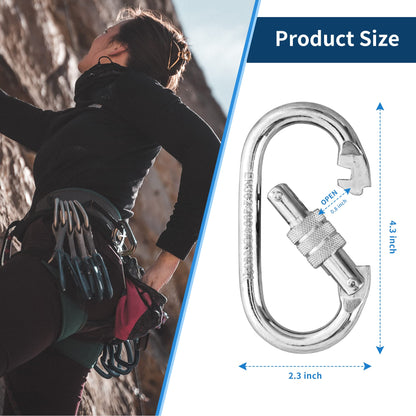 EMEKIAN 4 Pack Oval Indoor Outdoor Climbing Carabiner, Screw Locking Heavy Duty Safety Caribeener Clips, 25 KN (5600 LBS) for Hammock, Rope, Hiking, Camping
