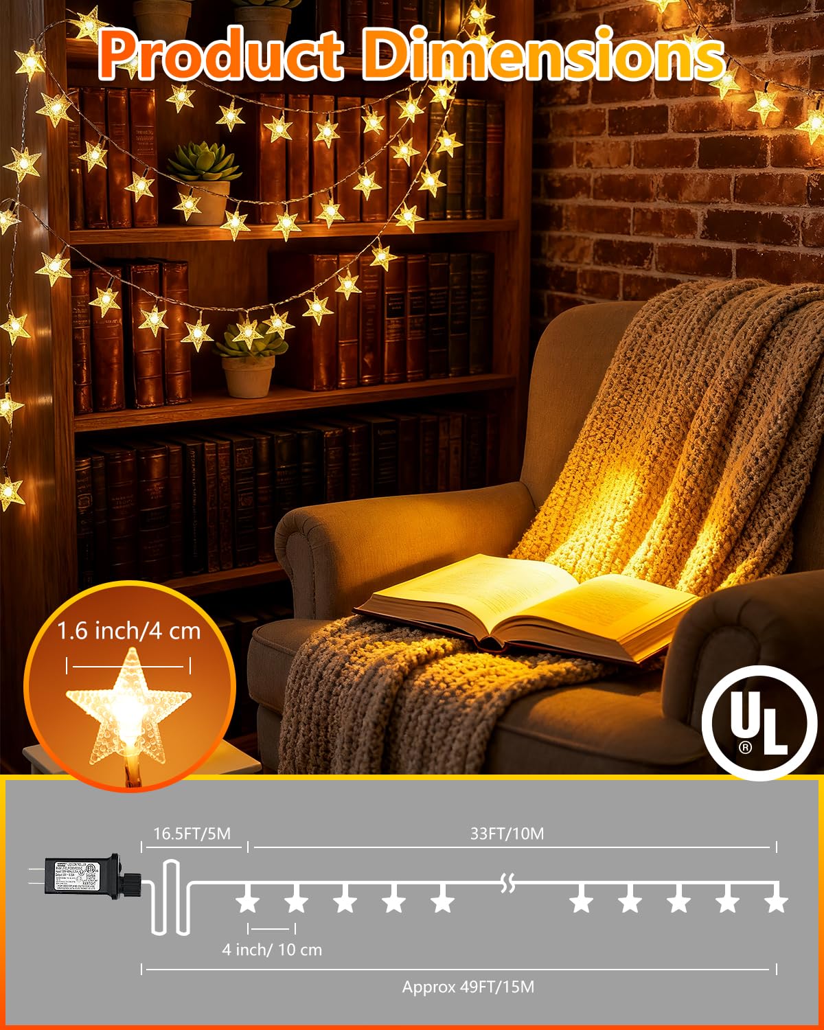 Twinkle Star 100 LED Star String Lights Plug in 33FT, Warm White