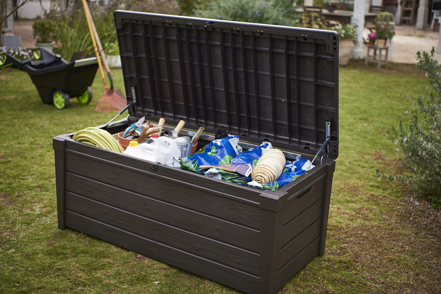Keter Brightwood 454L Outdoor 60% recycled Garden Furniture Storage Box Brown Wood Panel Effect Fade Free All Weather Resistant Safe and Secure Zero Maintenance 2 year Warranty