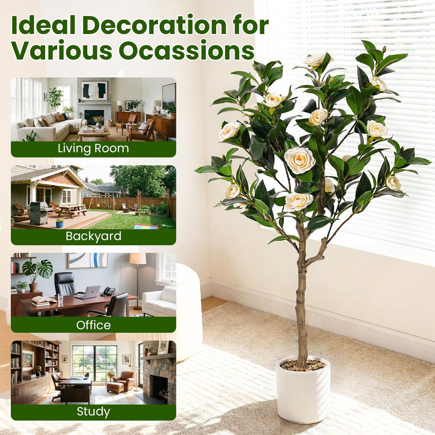 Jocoevol 4FT Artificial Camellia Tree 2 Pack, Fake Floral Plant with Realistic Trunk, Leaves, Flowers & Planter, Flower Artificial Tree, Artificial Flower for Front Porch Decor & Housewarming Gift