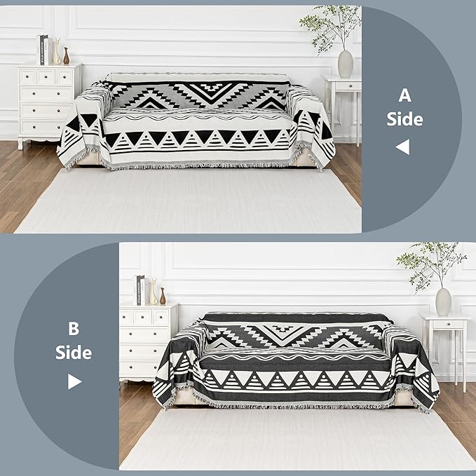MYSKY HOME Boho Couch Cover for Dogs Washable Black Rhombic Couch Sofa