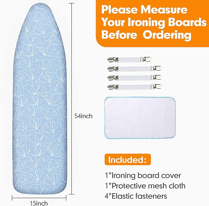Ironing Board Cover and Pad, 15x54 Standard Size Thick Iron Padding, Scorch &