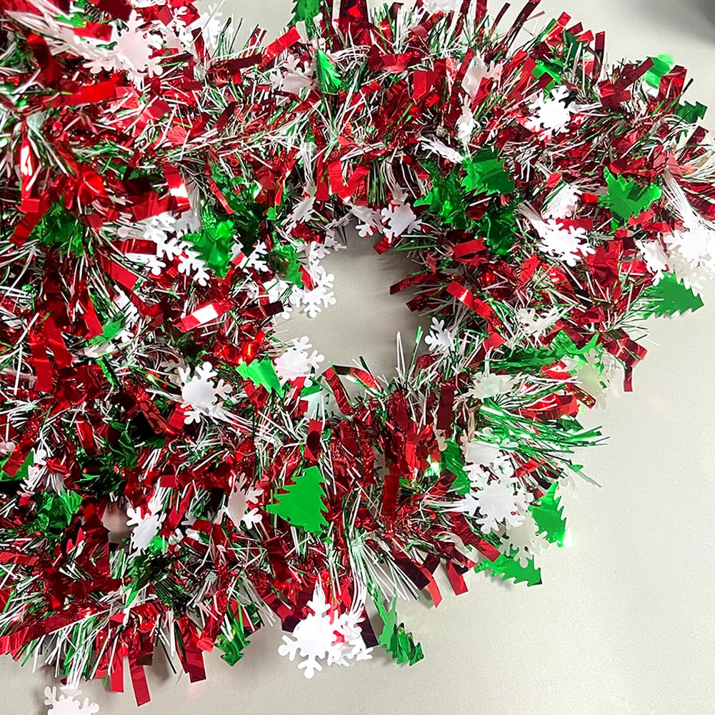 66 Ft Christmas Tinsel Garland Shiny Thick Red & Green with Tree and Snowflake Design Xmas Tree Metallic Twist Hanging Foil Garland for Christmas Birthday Holiday Indoor Outdoor Party Decor