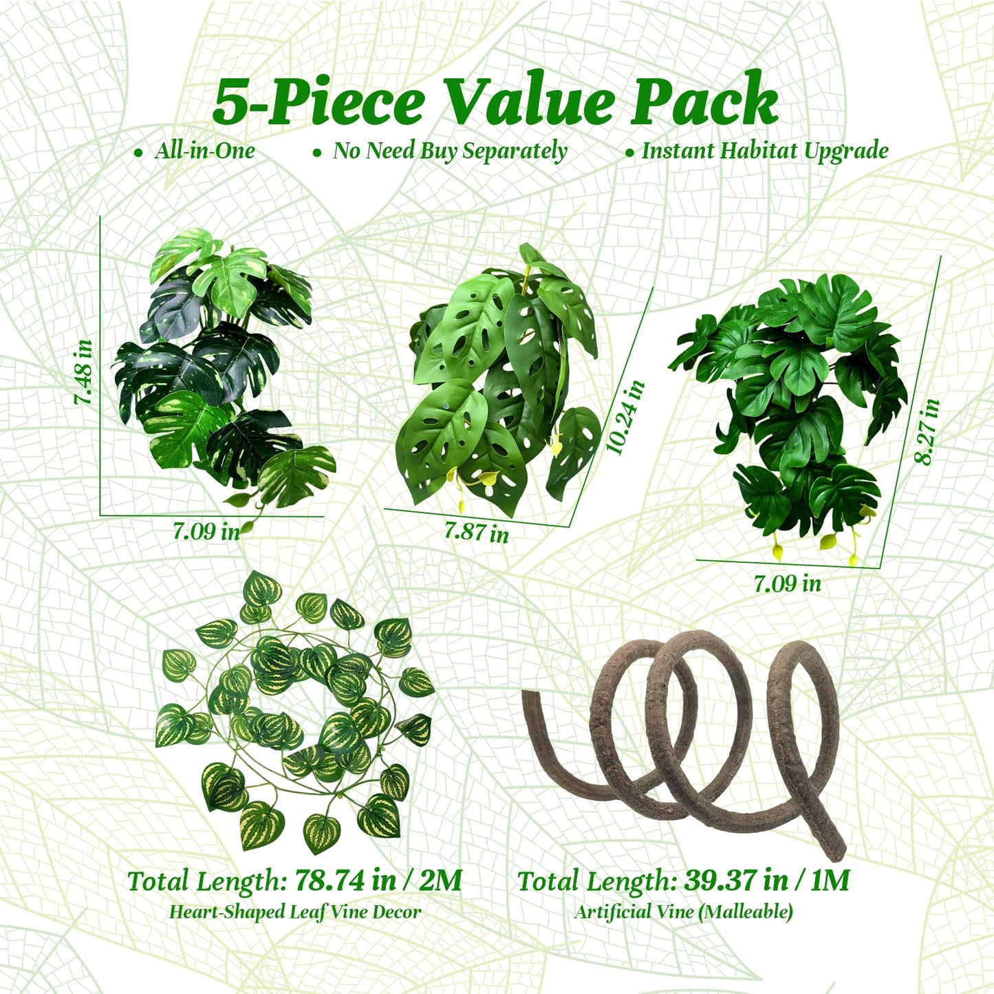 5 Pcs Reptile Plants & Habitat Decor Kit - 3 Artificial Plants & Large 5ft Jungle Vine Branch, Amphibian Habitat Hideout Tank Decorations fit Crested Gecko Leopard Lizard Chameleon Ball Python Frog