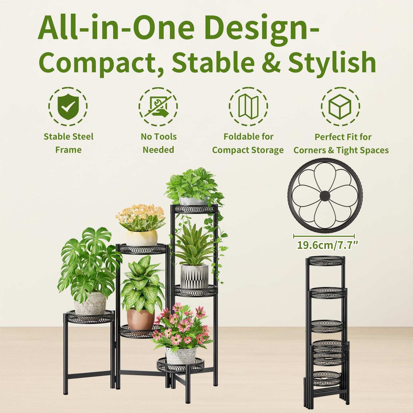 NQW 6 Tier Large Plant Stand Indoor with 7.9-Inch Wide Drainage Tray, Tiered Corner Metal Outdoor Flower Display Holder Shelf, Folding Tall Rack for House Patio Porch Balcony Graden - BlackFlower