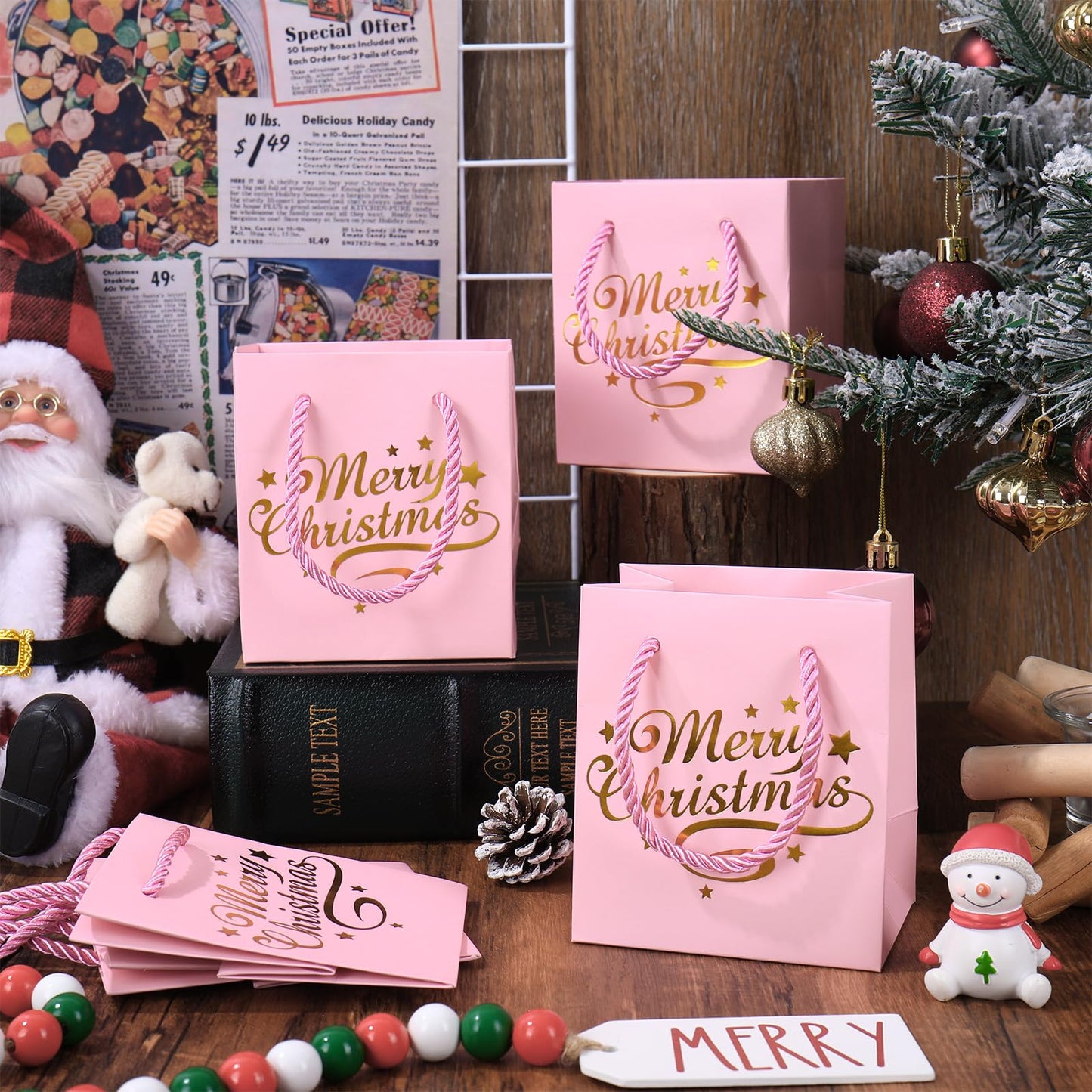 JarThenaAMCS 30Pcs Christmas Mini Gift Bags with Handle Gold Foil Pink Merry Christmas Party Favor Bags Xmas Paper Treat Bag for Holiday Wedding Baby Shower Birthday Party Supplies