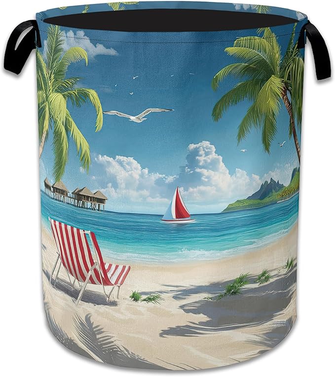 Tropical Beach Laundry Basket, Foldable Waterproof Oxford Cloth Tote Bag Hawaii