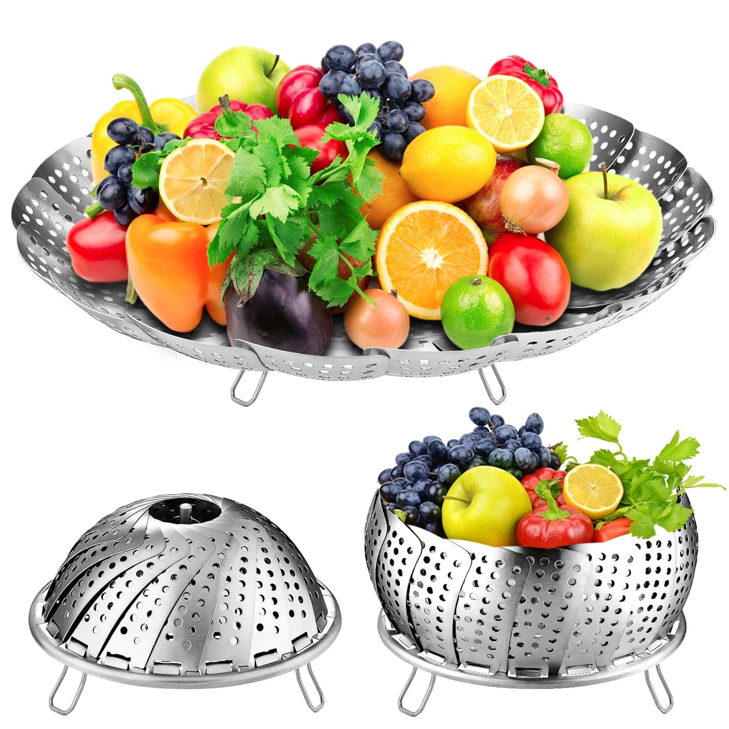 Vegetable Steamer Basket for Cooking, Stainless Steel Veggie Fish Food Steamer Basket, Folding Expandable Steamers to Fit Various Size Pot