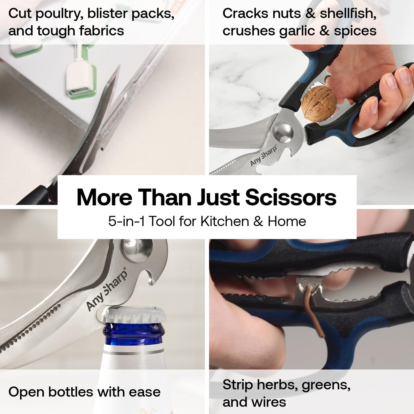 AnySharp 5-in-1 Multi-Function Kitchen Shears - Kitchen Scissors Heavy Duty with Hardened Steel Blades - Cut Chicken Bones and Thick Fabrics - Grip for Both Left and Right Handed - Dishwasher Safe