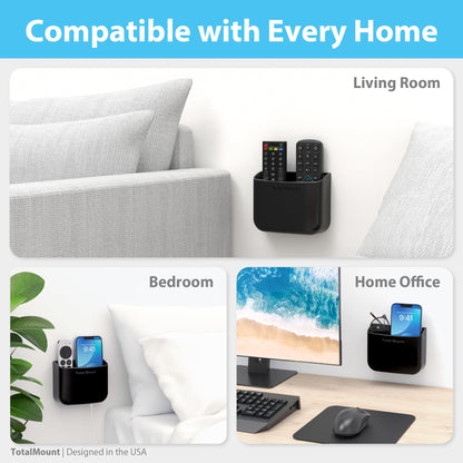 TotalMount Hole-Free Remote Holder – Eliminates Need to Drill Holes in Your Wall (for 2 or 3 Remote Controls – Black – Quantity 1)