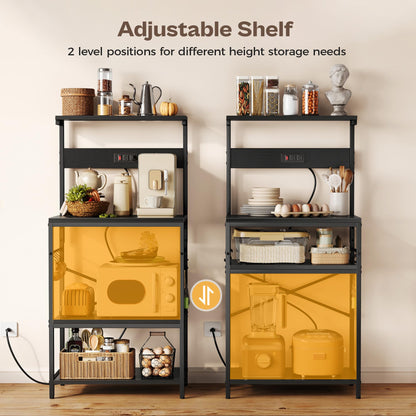 SUPERJARE Kitchen Bakers Rack with Power Outlet, Coffee Bar Table 4 Tiers, Kitchen Microwave Stand with 6 S-shaped Hooks, Storage Shelf Rack for Spices, Pots and Pans - Rustic Brown