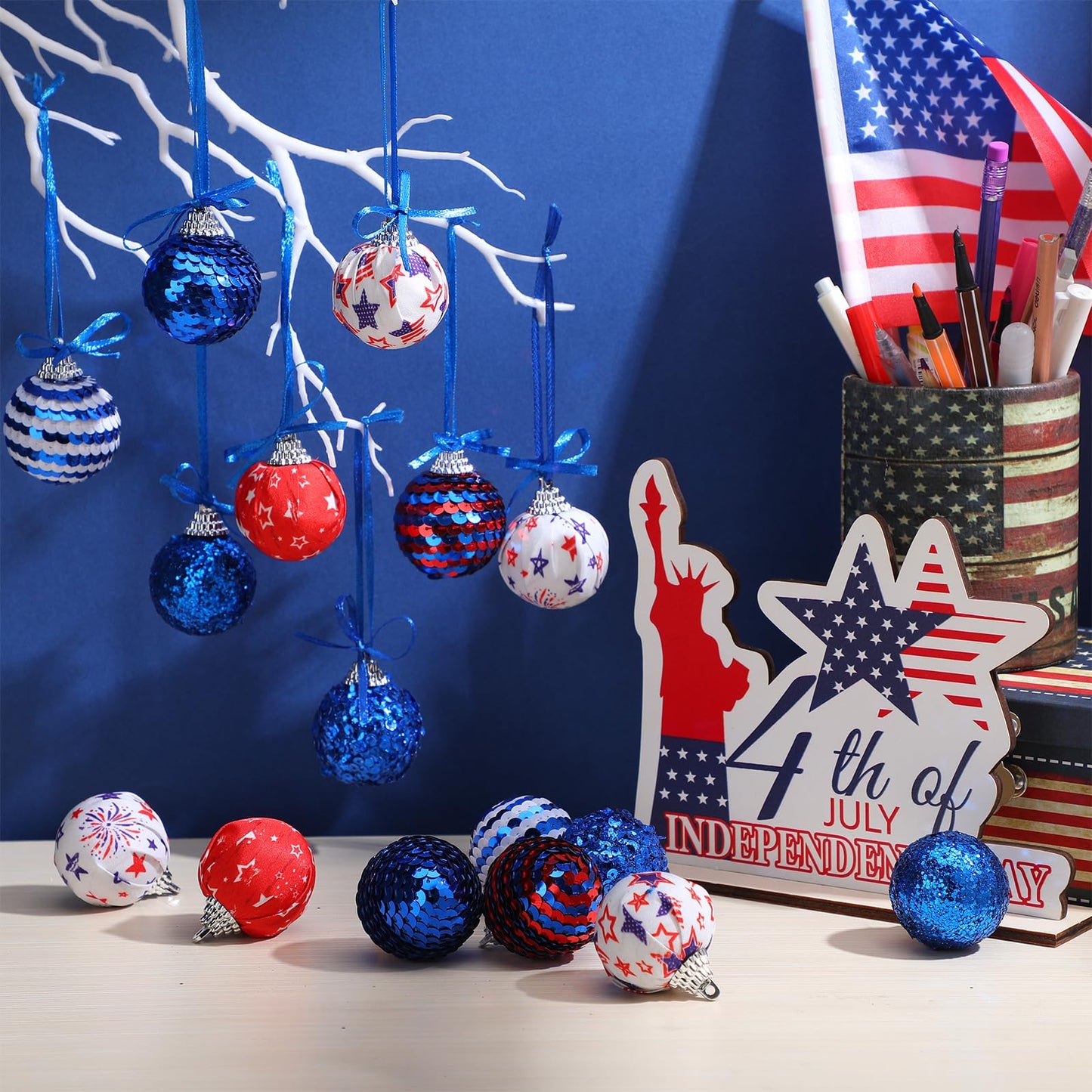 Riceshoot 16 Pcs 4th of July Patriotic Hanging Ball 1.97" Independence Day Sequin Hanging Ball Ornament Red White Blue Tree Decorations for 250th Anniversary Patriotic USA Themed Party Supplies
