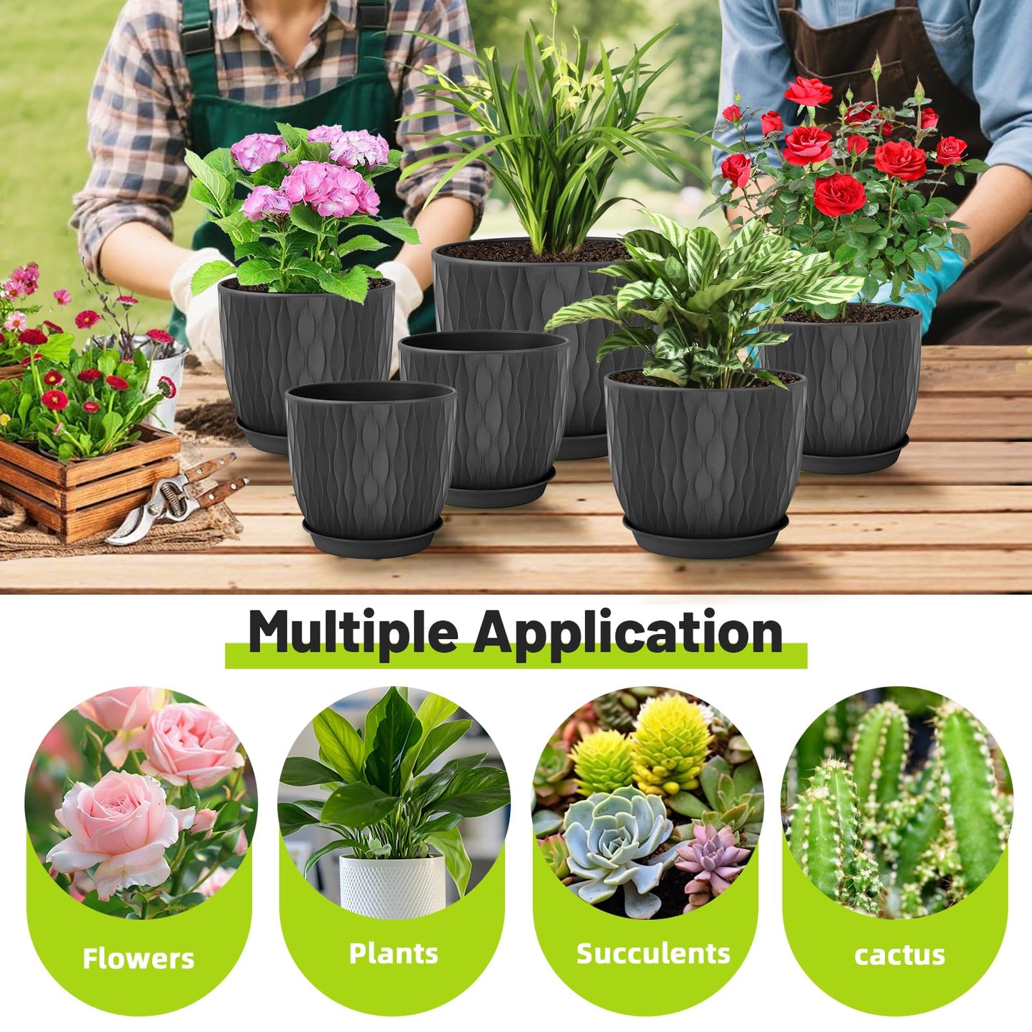 LESOASIS Plastic Plant Pots 10/9/8/7.5/7 inch Set of 5, Flower Planters with Drainage Holes and Saucers, Plastic Pots for Indoor Outdoor Plants, Livingroom Garden Decor (Black)
