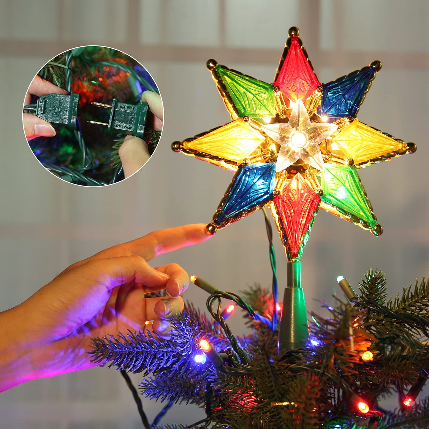 Brizled Christmas Star Tree Topper, 8" Lighted Double-Sided Christmas Tree Topper, 8-Point Multi Color Xmas Tree Topper with 10 Warm Lights, 120V UL Certified Tree Star for Christmas Tree Party Home