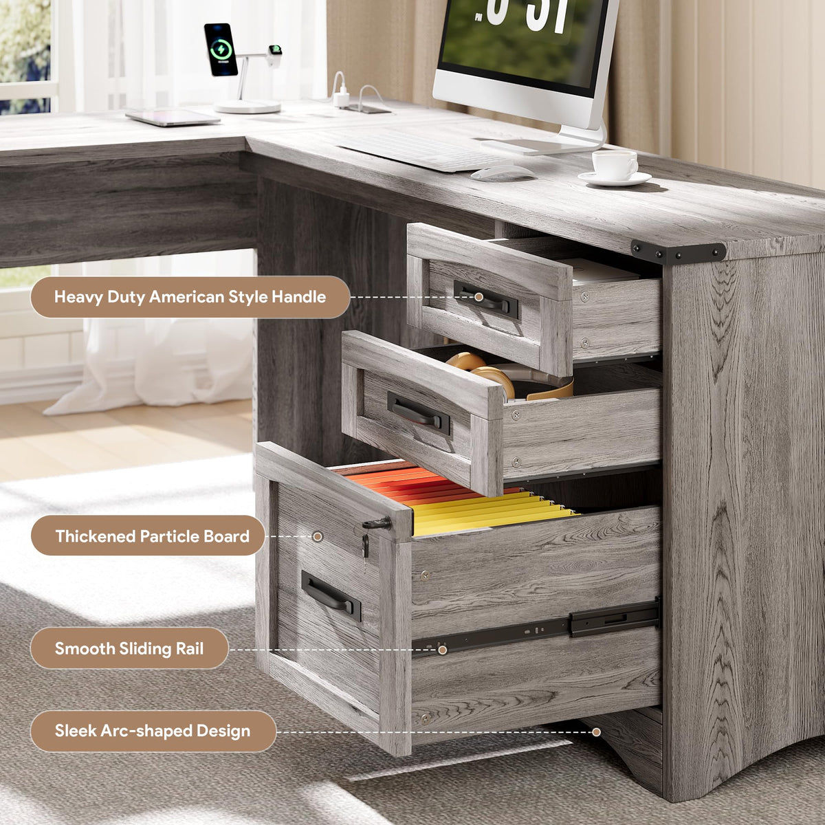 Decofy L Shaped Farmhouse Executive Desk with Drawers, 67" Home Office Desks with Fast Charging Station, Lockable File Cabinet, Wood Writing Computer Desk for Work, Study, Grey