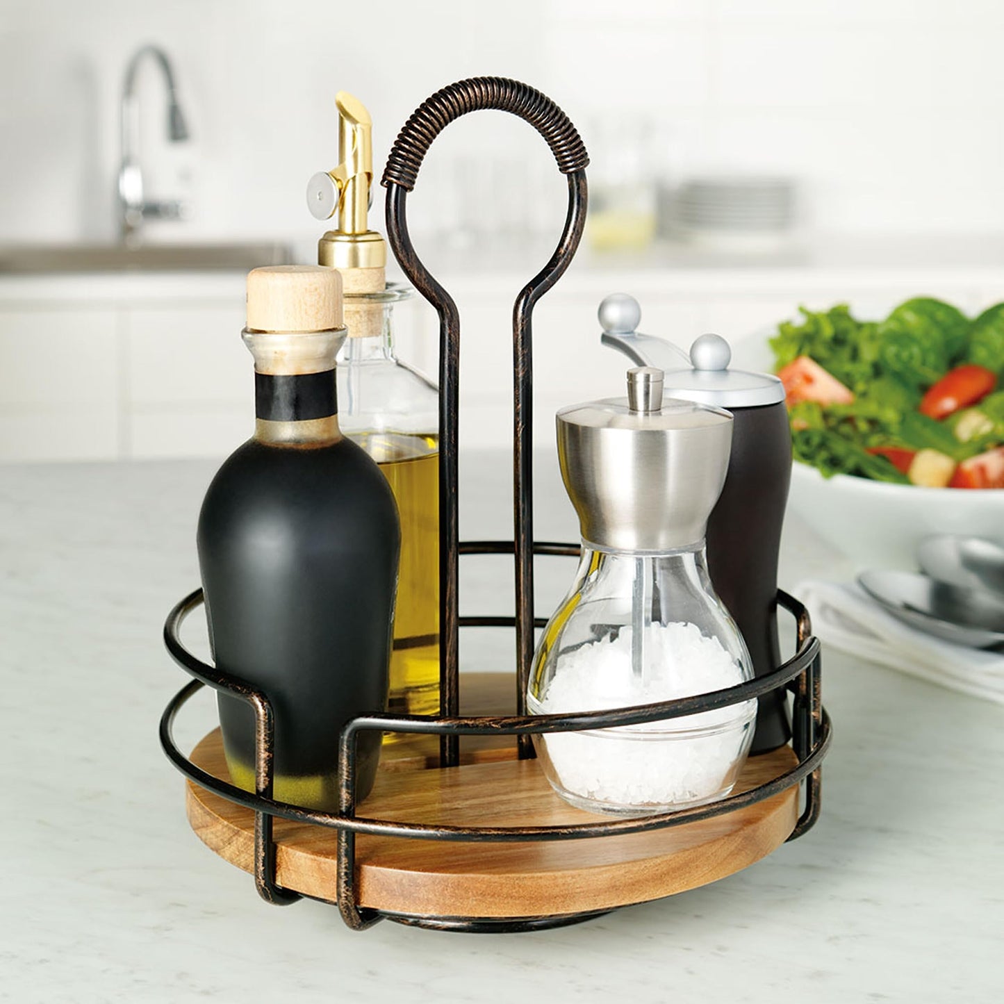 Mikasa Gourmet Basics Hanover Condiment Caddy with Rotating Caddy Organizer Design, Acacia Wood Insert - Durable, BPA-Free, Heavy-Gauge Carbon Structured Steel for Condiment Storage