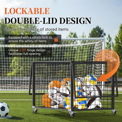 RCZSCBK Sports Ball Storage Cart, Lockable Ball Cart with Double Lid,Ball Rack with Wheels,Rolling Sports Ball Storage Cart is Suitable for Gyms, Schools, Clubs, Indoor and Outdoor Basketball Storage