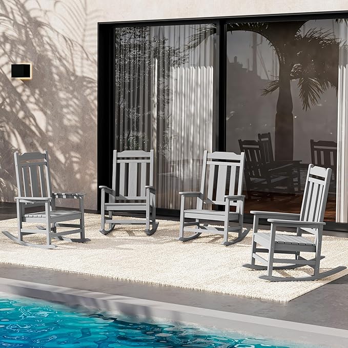 SERWALL Oversized Rocking Chair Set of 4 Outdoor, HDPE Outdoor Rocking Chair Set of 4, Space Gray