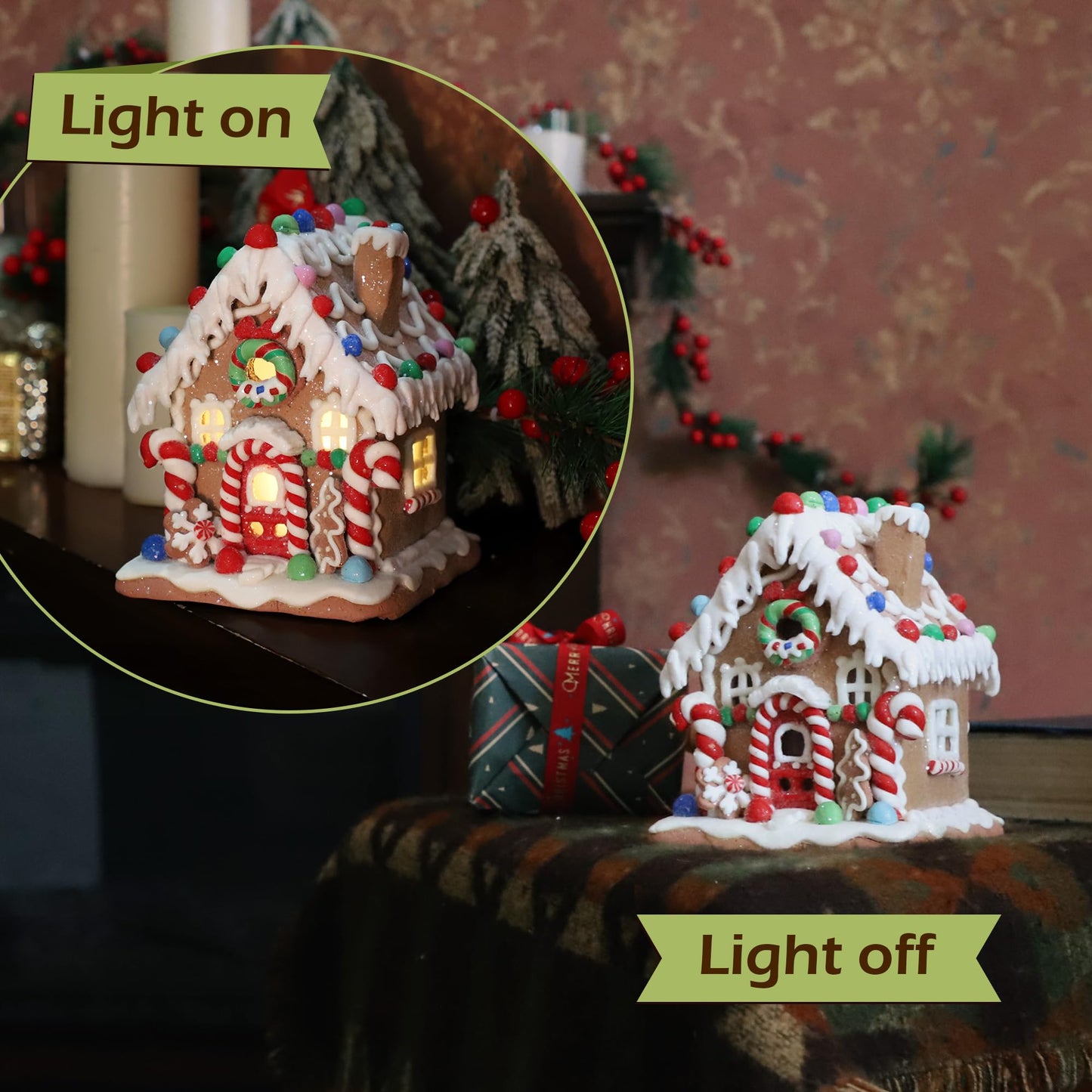 SunArtHome Gingerbread House Decoration, Battery-Operated Light-Up Gingerbread House, Classic Gingerbread Christmas Village Figurines, Handmade Decorations (Style 2)