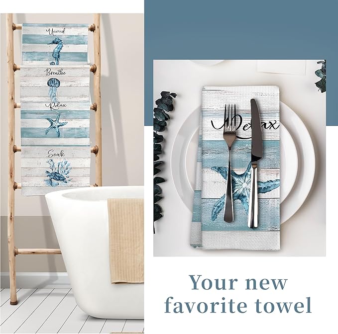 Rustic Coastal Beach Hand Towels, Sea Horse Jellyfish Turtle Starfish Unwind