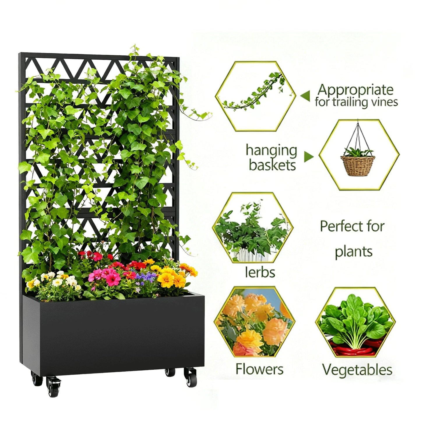 Metal Planter Box with Trellis, 73-Inch Tall Raised Garden Bed with Wheels, Privacy Screen Planter for Climbing Plants, Vegetables & Vines, Galvanized Steel Outdoor Privacy Shield, Black (Square-1)