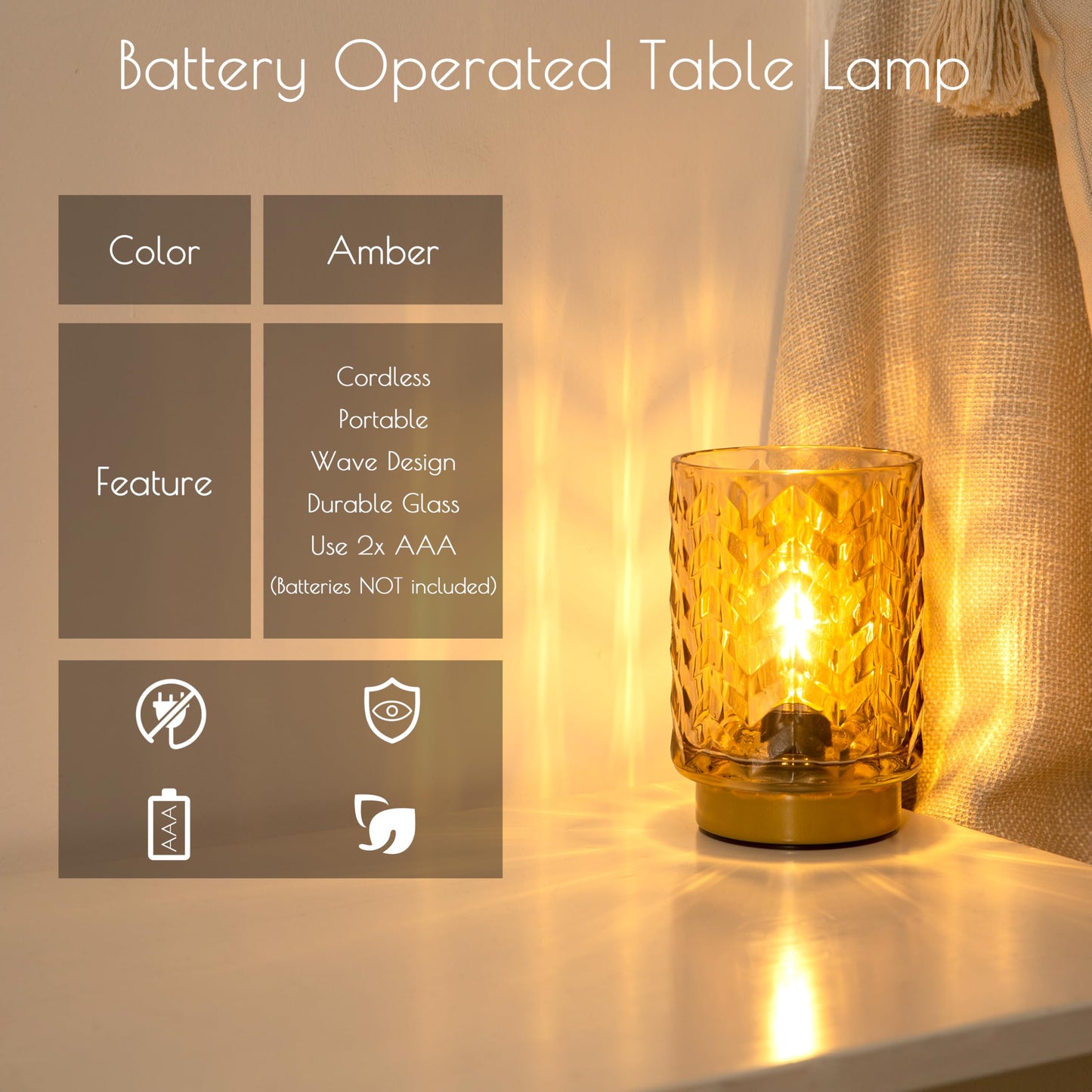 LUSHARBOR Battery Operated Lamp with Timer, Small Decorative Table Lamp Ambient, Glass Cordless Lamps Bedside Battery Powered Lamp for Bookshelf, Entryway Wave Design-Amber