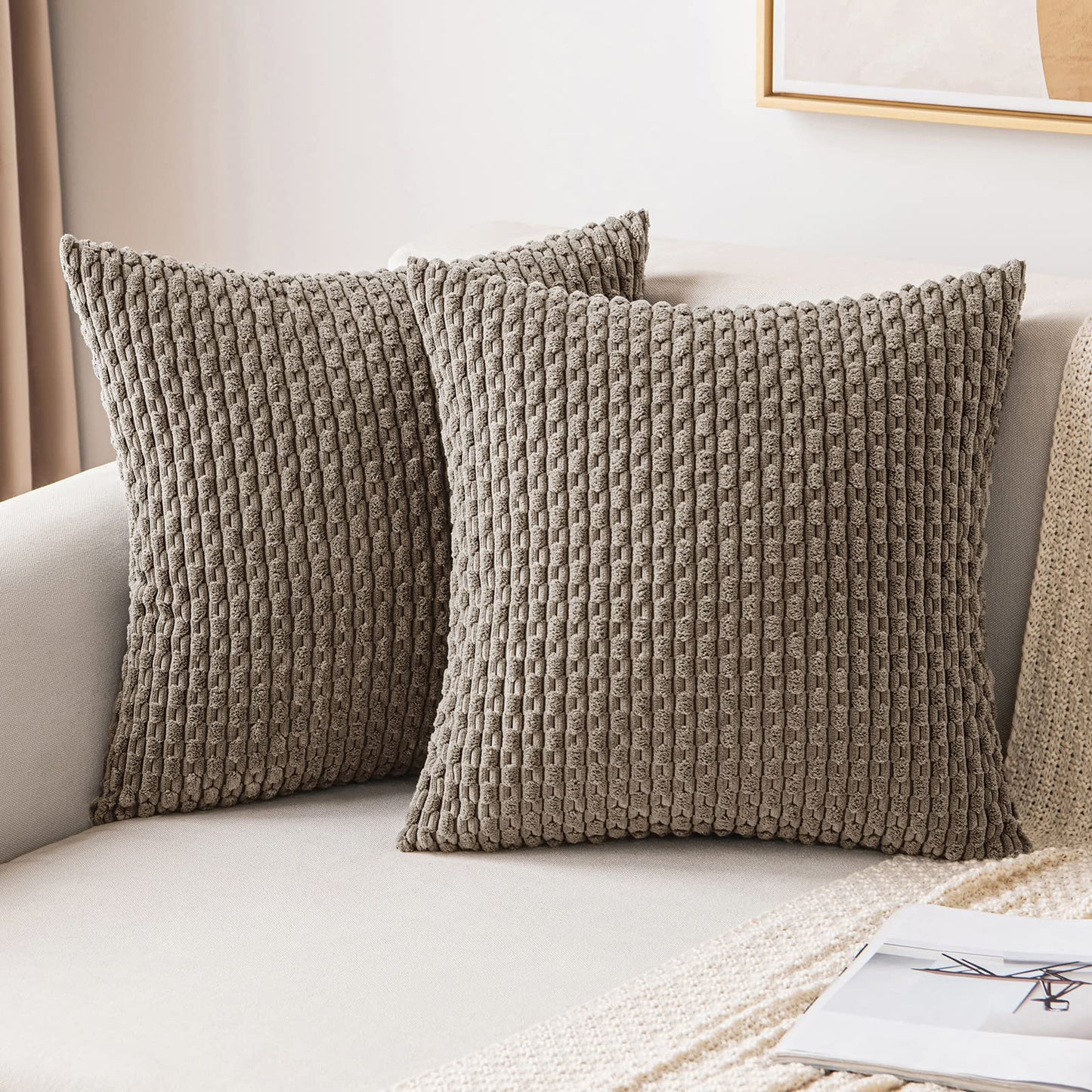 MIULEE Pack of 2 Decorative Throw Pillow Covers 18x18 Inch Soft Boho Striped Textured Corduroy Pillow Covers Modern Farmhouse Home Decor for Couch Bed Sofa Living Room Cream White