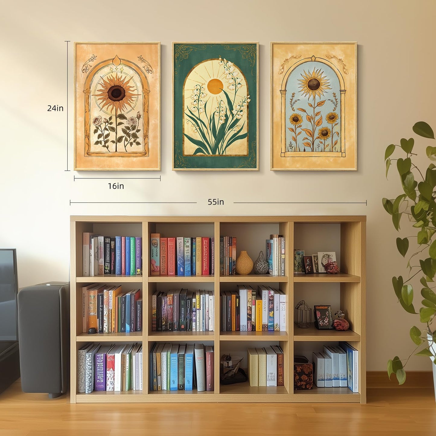 Framed Boho Sage Green Wall Art for Living Room, Large Mid Century Modern Tropical Leaf Canvas Artwork for Walls, 3 Piece Beige Orange Bohemian Wall Art Prints for Bedroom Kitchen Hallway, 16x24 Inch