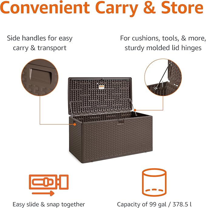 Amazon Basics Outdoor Storage Deck Box, Lockable, Weather-Resistant, 99 Gallon, Brown, for Patio Cushions, Gardening Tools, Pool Accessories