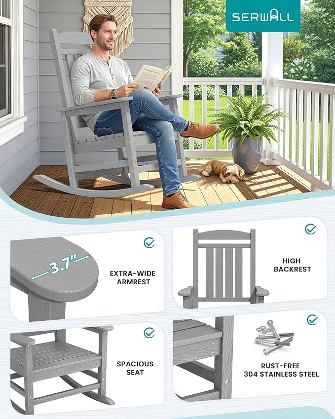 SERWALL HDPE Outdoor Rocking Chair Set of 4, Oversized Patio Rocking Chairs, All-Weather Porch Rockers for Adults, Light Gray