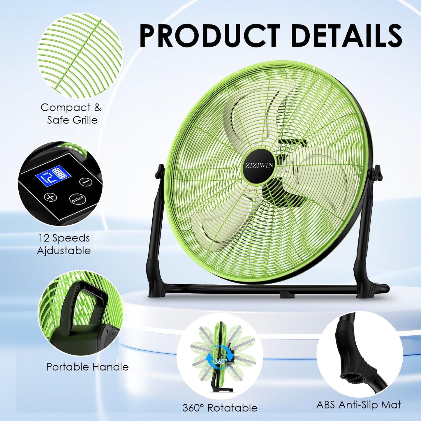 ZIZIWIN 18'' Rechargeable Battery Operated Floor Fan, Portable Cordless Camping Fan Outdoor, Long Lasting Battery Powered Fan, 360° Tilt, Wireless, USB Output, for Home Gazebo Greenhouse Outside Gym