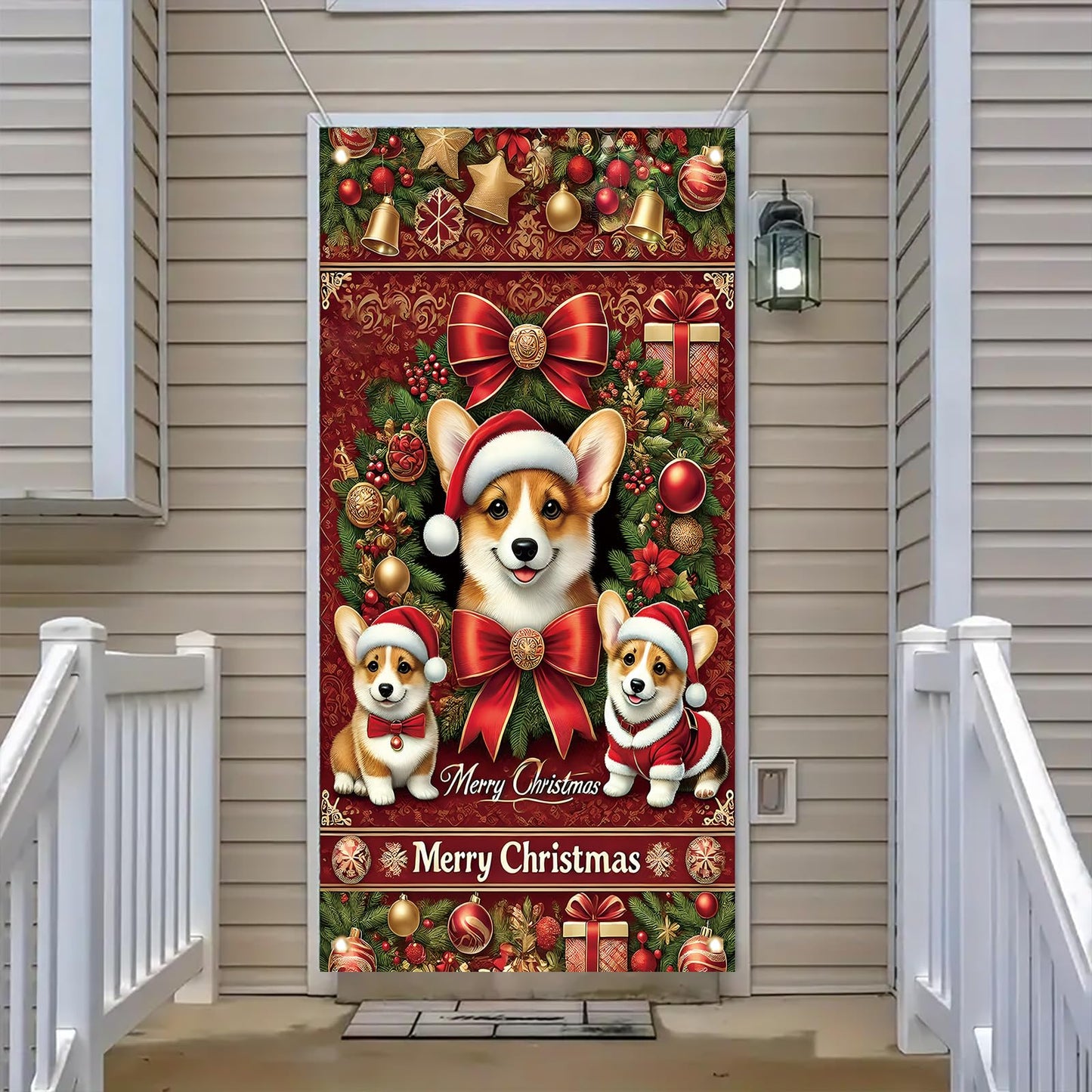 Saoplasa Christmas Corgi Door Cover Decoration 71 x 35 Inch Red Festive Banner with Cute Santa Dog Design and Holiday Wreath for Merry Christmas Wall Decor Party Welcome Backdrop Sign