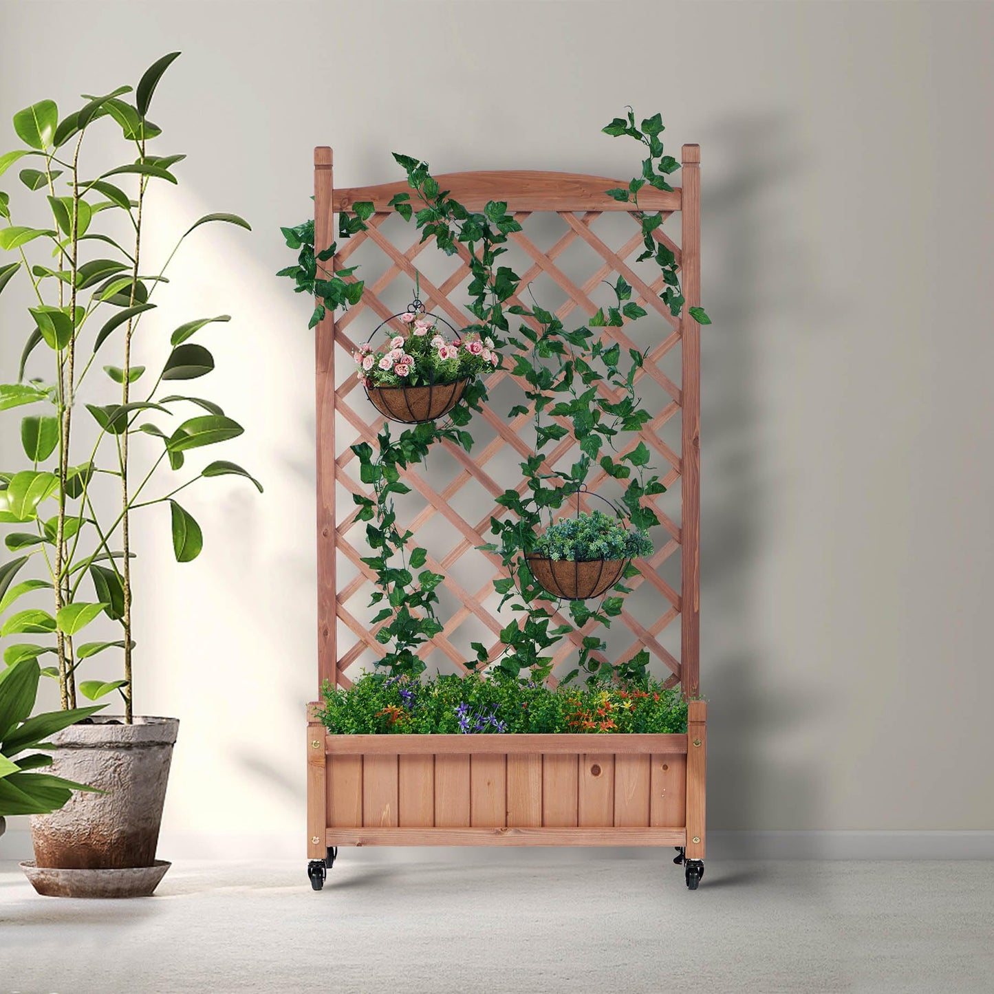 Metal Planter Box with Trellis, 73-Inch Tall Raised Garden Bed with Wheels, Privacy Screen Planter for Climbing Plants, Vegetables & Vines, Galvanized Steel Outdoor Privacy Shield, Black (Wood 2-pack)