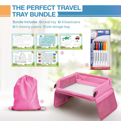 lenbest Travel Tray, Indoor & Outdoor Learning Educational Toys Play Tray Lap Desk with Dry Erase Top - 6 Pens & 5 Drawing Papers - Multifunctional Activity Tray for Kids Toddlers Boys Girls (Pink)