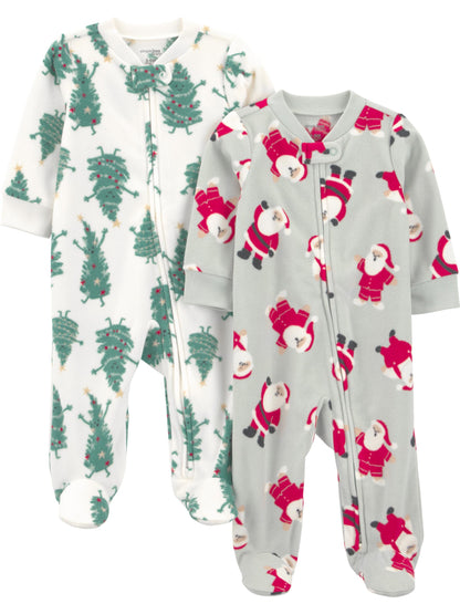 Simple Joys by Carter's Neutral Holiday Loose-fit Fleece Footed Pajamas, Santa & Trees, 3-6 Months