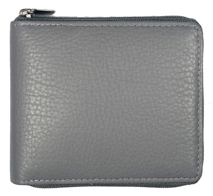 Texan Bull RFID Blocking Bifold Cowhide Leather Wallets For Men With Zipper Security | Safe Metal Zip Chain 9 Card-ID Slim Minimalist Mens Wallet (Gray)