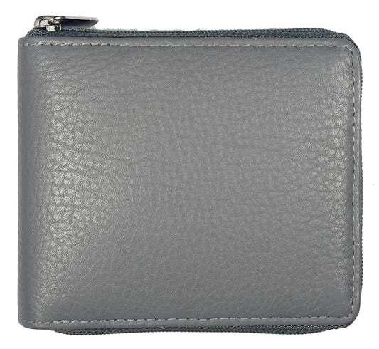 Texan Bull RFID Blocking Bifold Cowhide Leather Wallets For Men With Zipper Security | Safe Metal Zip Chain 9 Card-ID Slim Minimalist Mens Wallet (Gray)