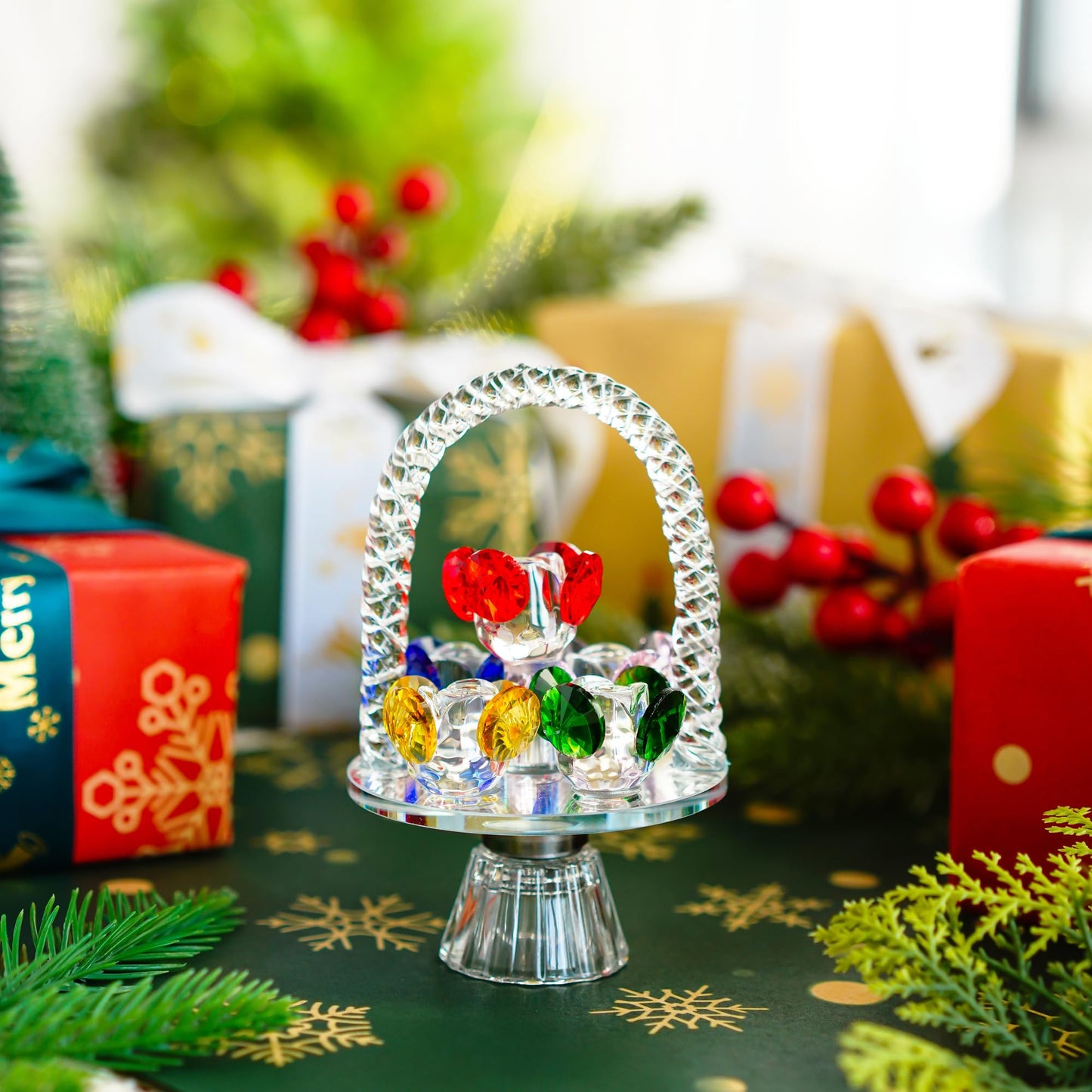 H&D HYALINE & DORA Colorful Crystal Flower Basket Figurine Ornament, Glass Flower with Rotating Base for Home Dress Table Centerpiece Christmas Lady Gift