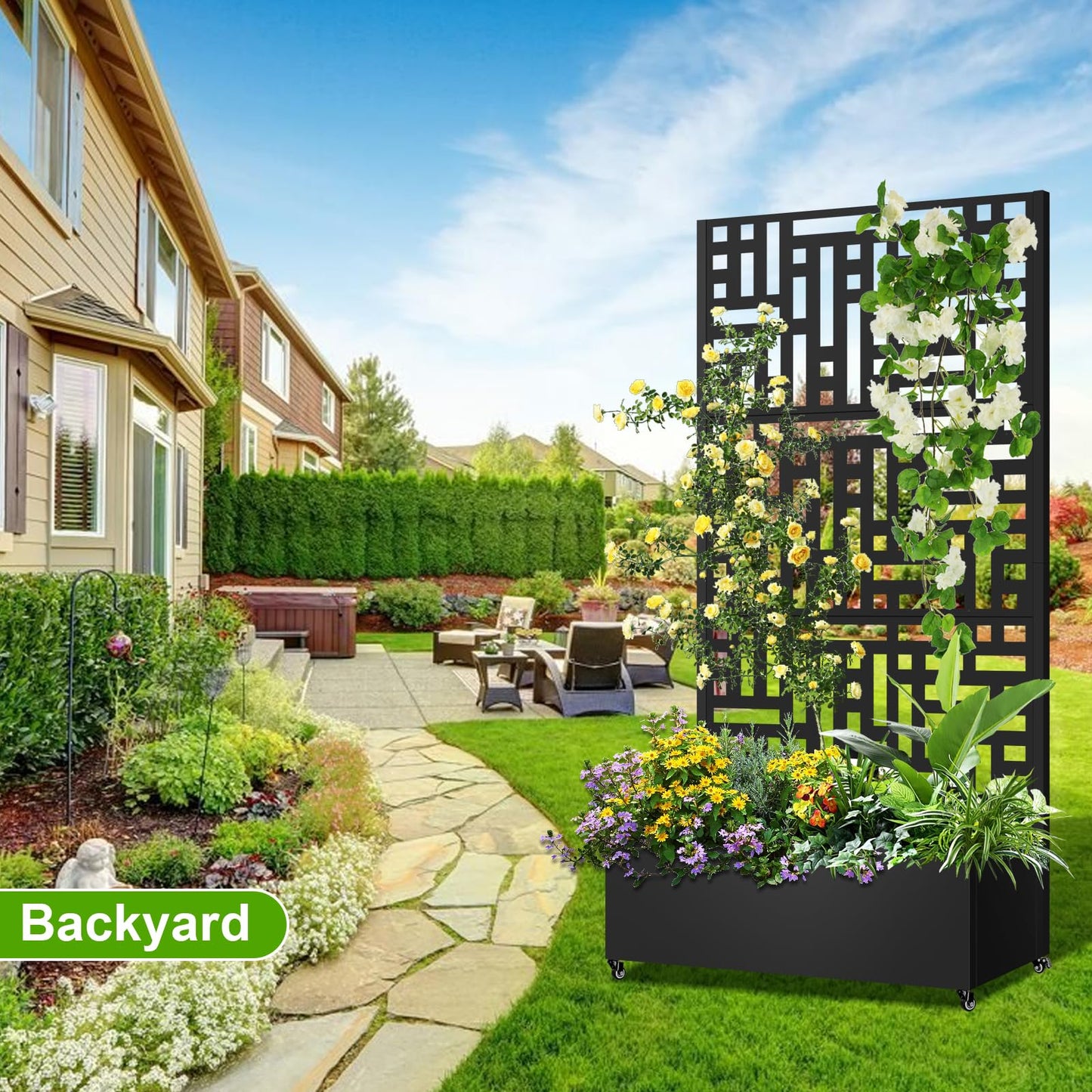 Meyoppm 72"x35"x16" Metal Planter Box with Trellis, Galvanized Steel Raised Garden Bed with Lockable Casters & Drainage Holes, Outdoor Large Planter Box for Climbing Plants, Vegetables & Flowers