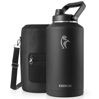 Coolflask Titan 2 Gallon Insulated Water Bottle, 256 oz Large Water Jug Stainless Steel with Leakproof Handle Spout Lid & Sleeve, Wide Mouth Metal Flask for Camping or Work, Magic Black
