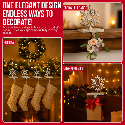 Iconikal 4-Pack Stocking Holders Christmas Chrome Metal Snowflake Weighted for Mantle, Holiday Fireplace Hangers