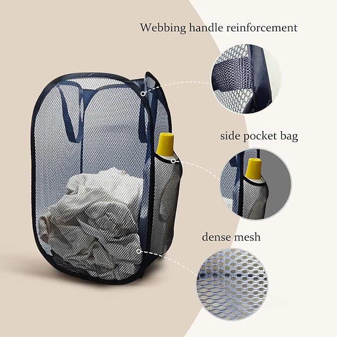 The upgraded pop-up laundry basket features a breathable side pocket mesh design