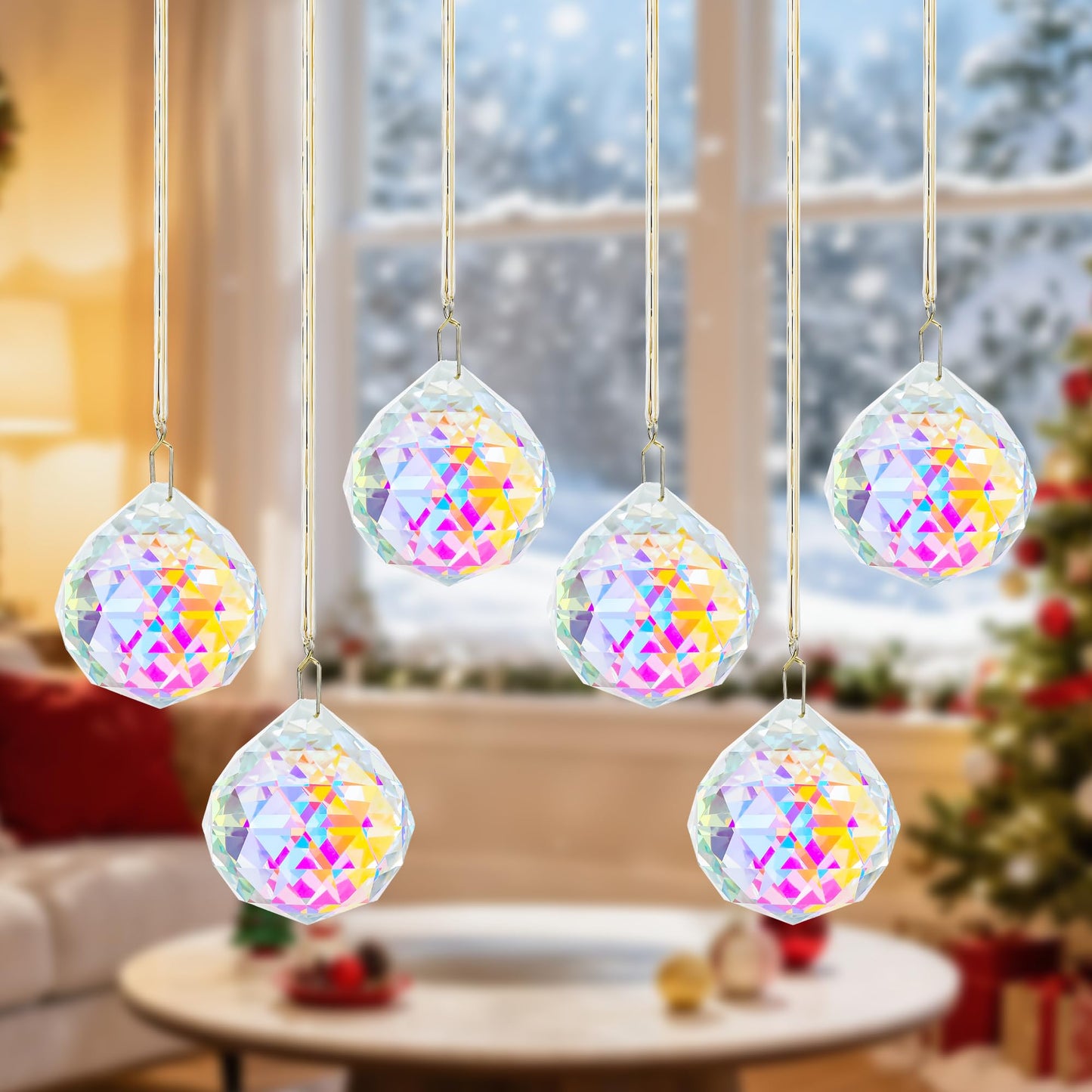 Set 6 Crystal Sun Catcher, AB Coating Ball Suncatcher Window Hanging Christmas Ornaments Rainbow Maker Prisms for Home Garden Decor