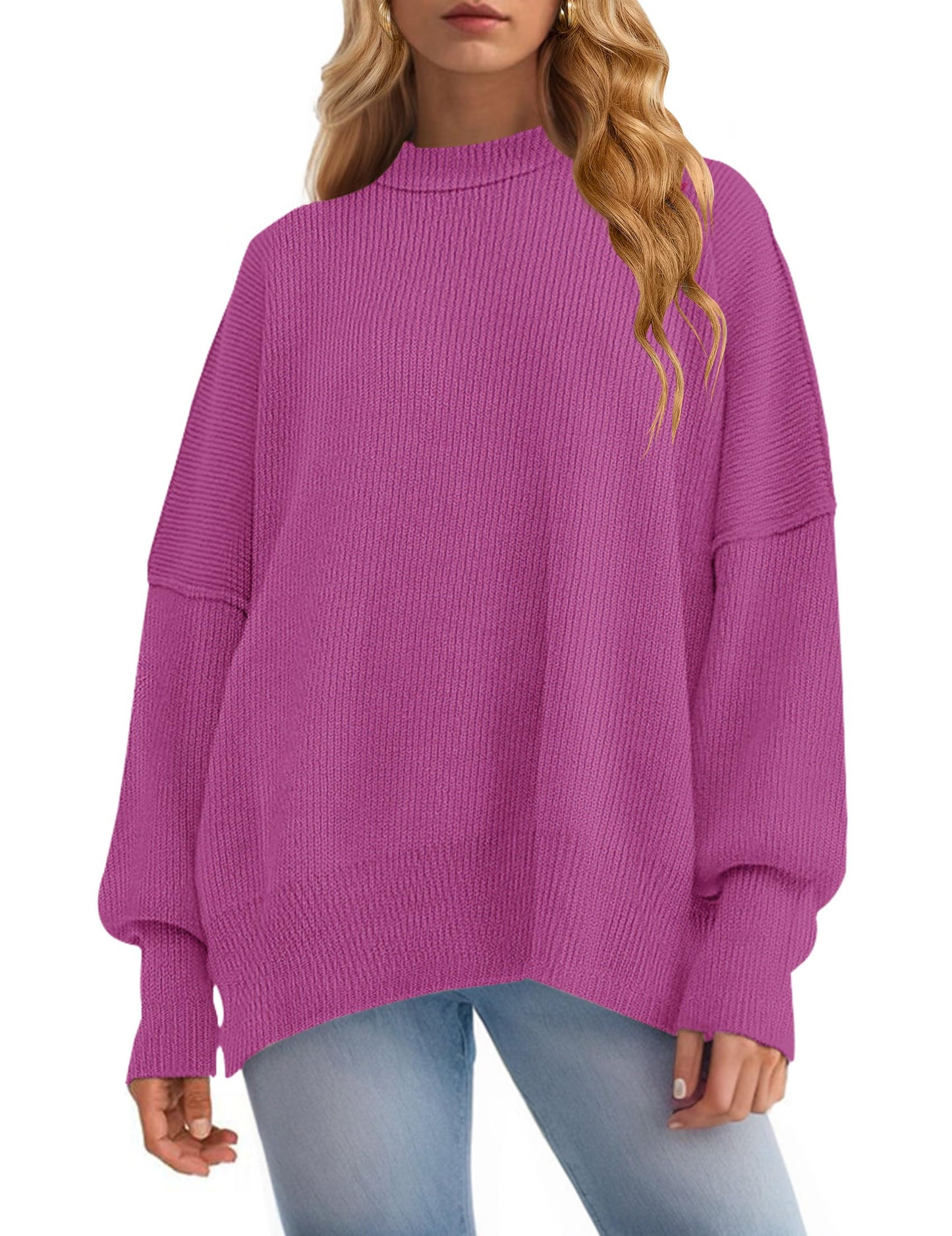 ZESICA Women's Fall 2025 Casual Long Sleeve Crew Neck Side Slit Oversized Ribbed Knit Pullover Sweater Tops